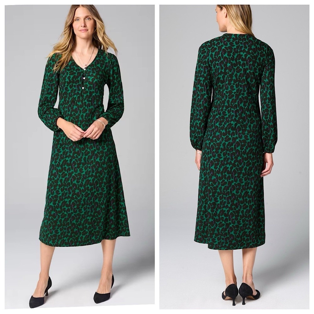 J. Jill Jersey Knit V-Neck Midi Dress Sz LP‎ Green Leopard Print Long Sleeve